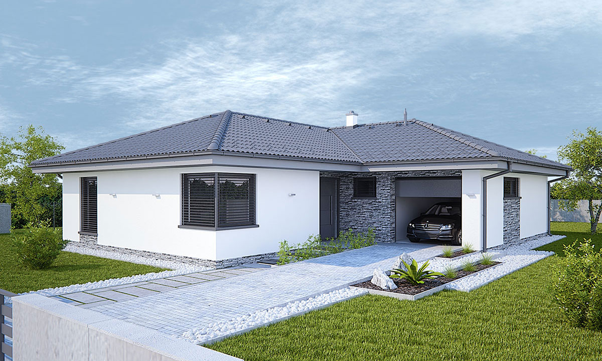 citole Projekty domů bungalov se šikmou střechou do tvaru L s garáží - vizualizace 02
