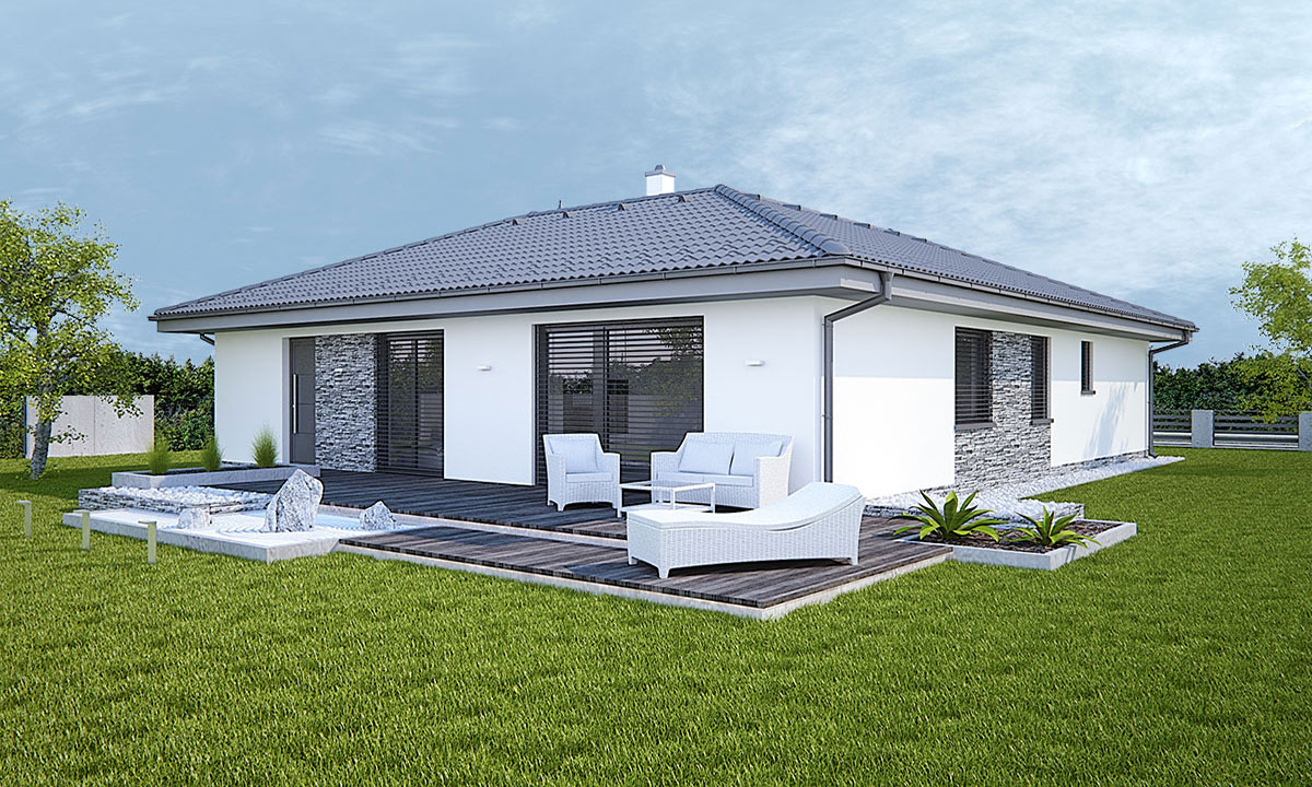 citole Projekty domů bungalov se šikmou střechou do tvaru L s garáží - vizualizace 03