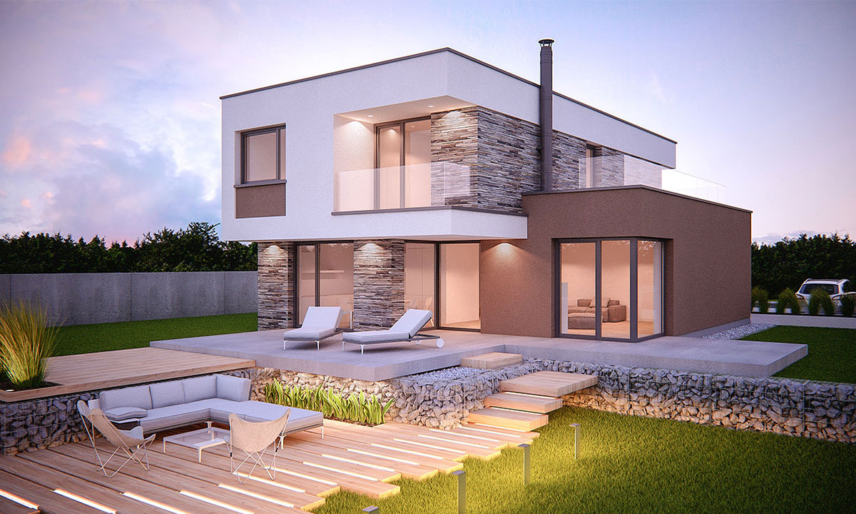 marimba Projekty 6-pokojových domů pro úzké pozemky s plochou střechou - vizualizace 01
