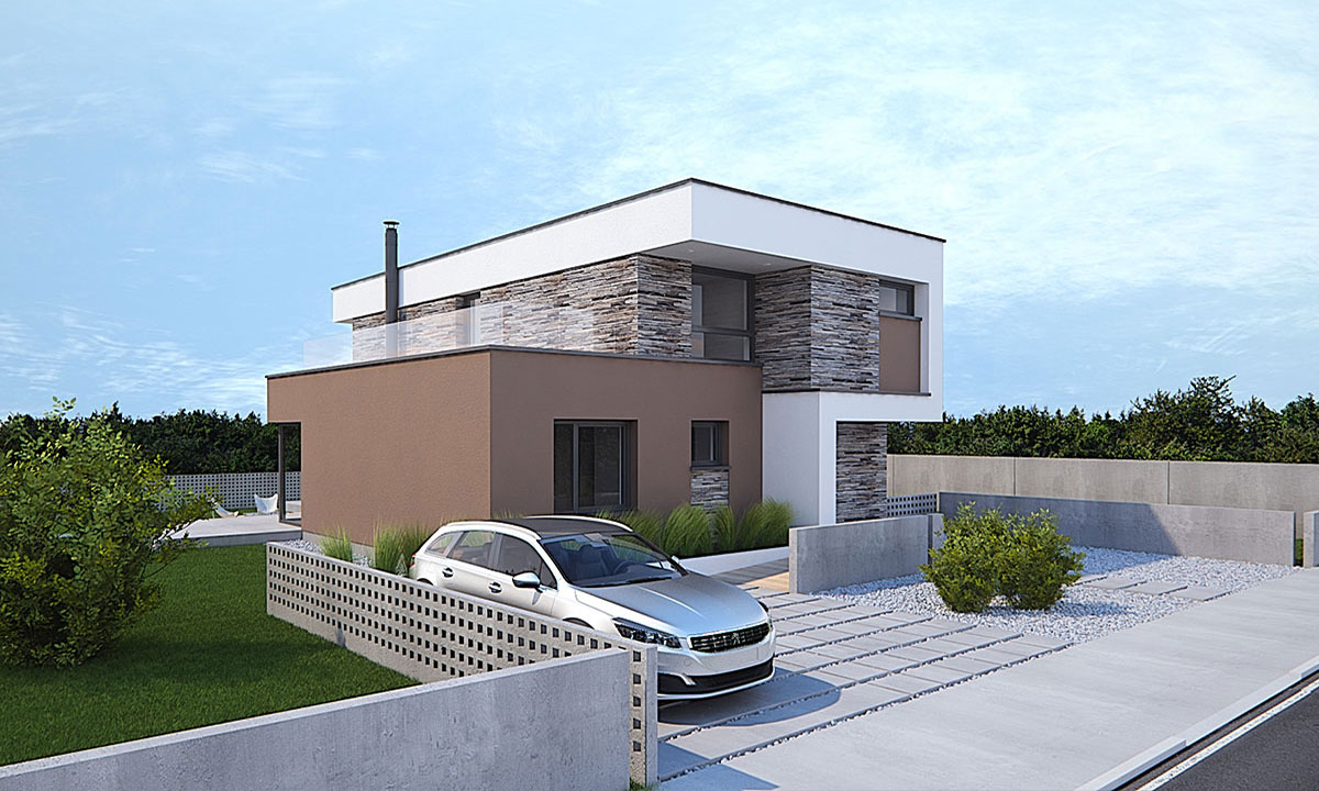 marimba Projekty 6-pokojových domů pro úzké pozemky s plochou střechou - vizualizace 02