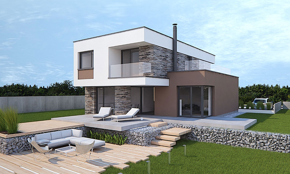 marimba Projekty 6-pokojových domů pro úzké pozemky s plochou střechou - vizualizace 03